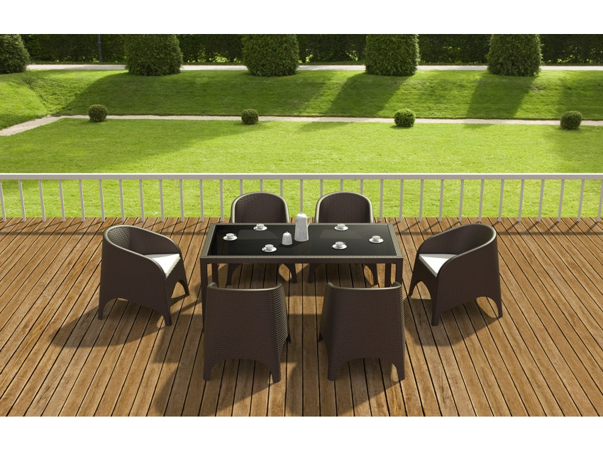 FL 7 Piece Tahiti Hospitality Outdoor Dining Table with Aruba Armchair & Cushion