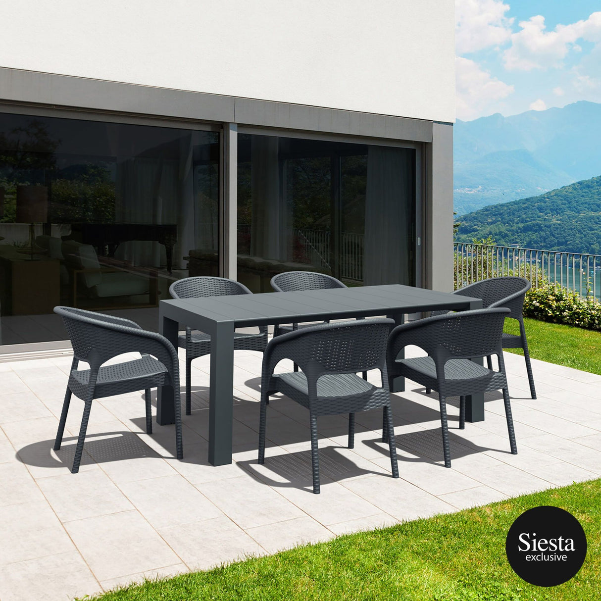 FL 7 Piece Outdoor Extendable Dining Table Setting with Panama Rattan Armchair