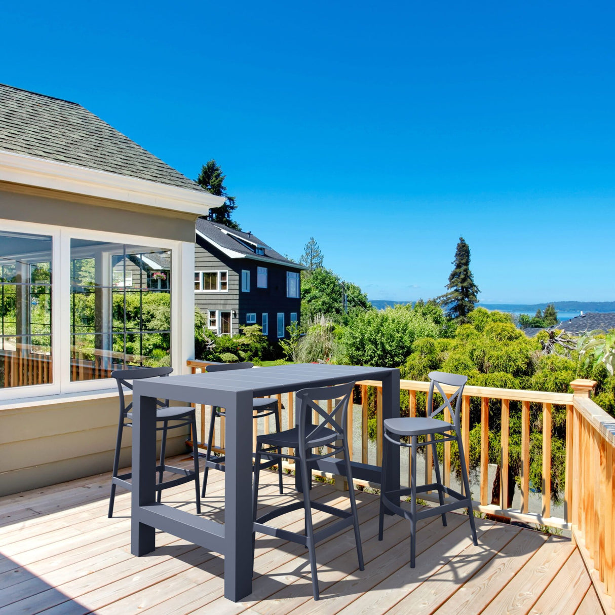 FL 5 Piece Outdoor Bar Table Setting with Cross Barstool