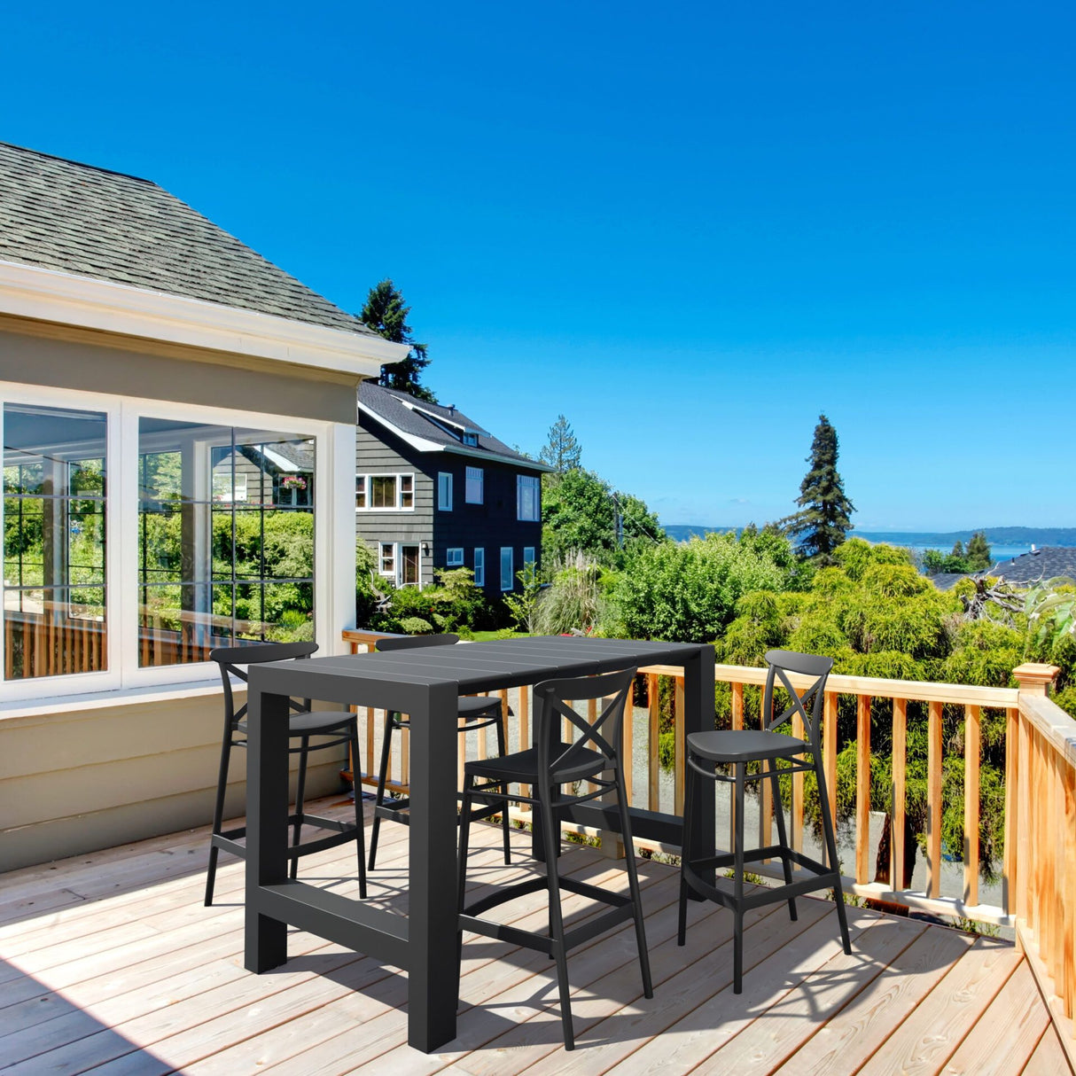 FL 5 Piece Outdoor Bar Table Setting with Cross Barstool