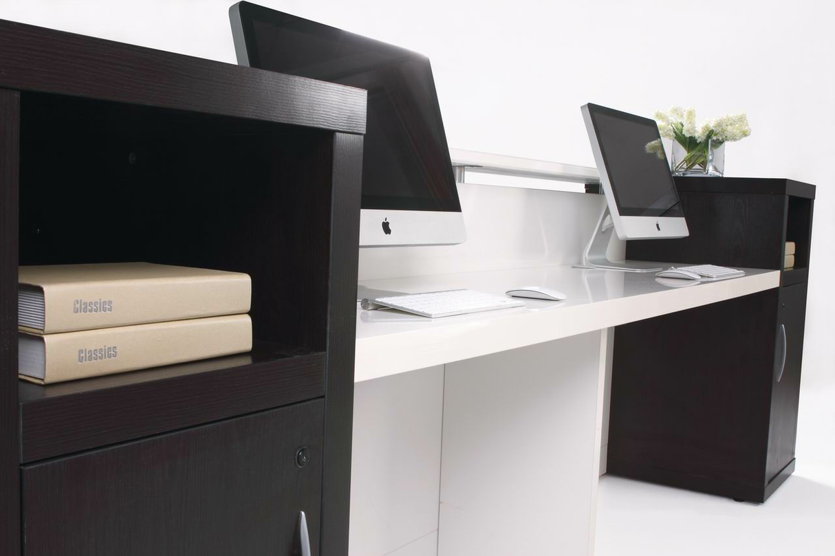 GP Aston Reception Counter Gloss White with Walnut Side