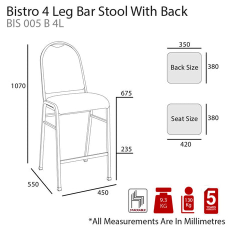MA Bistro Fabric or Vinyl Upholstered Hospitality Stackable Bar Stool with Backrest