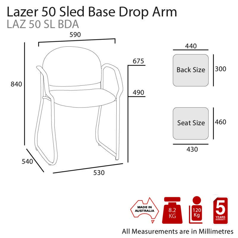 MA Lazer 50 Fabric or Vinyl Upholstered Sled Base Drop Down Armchair