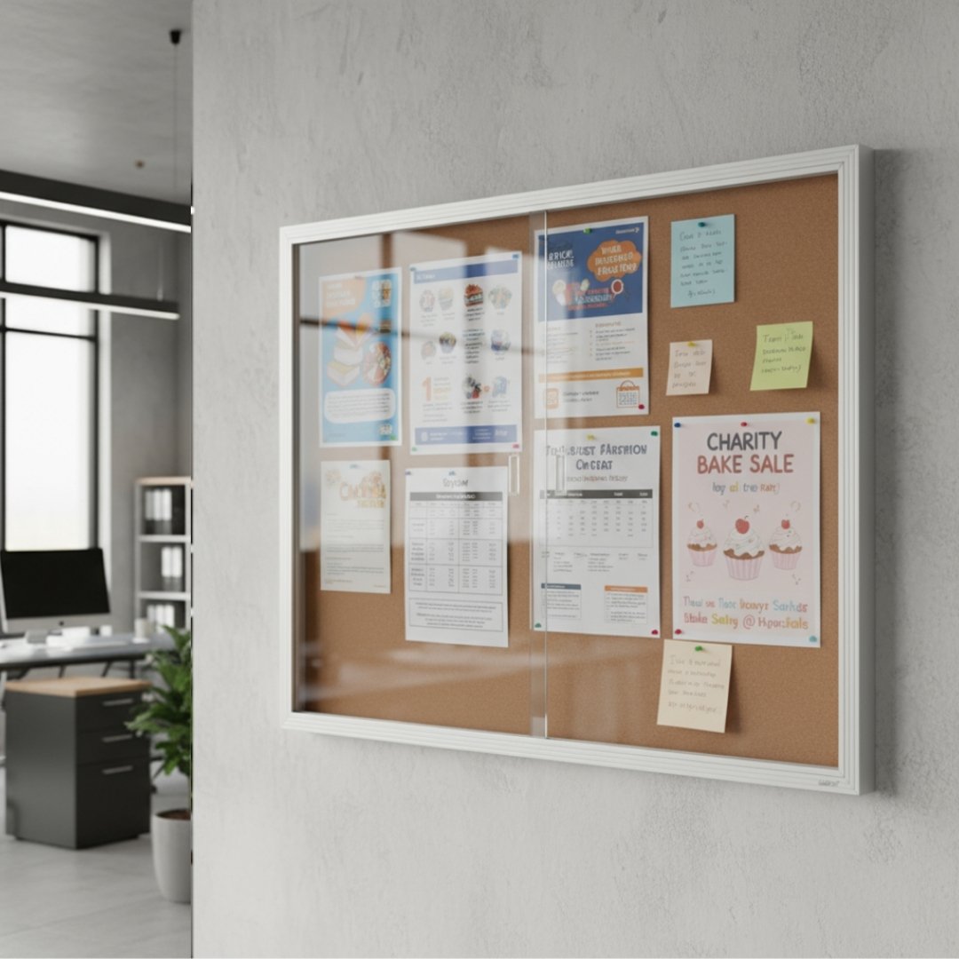 VC Sliding Glass Door Notice Case with Corkboard