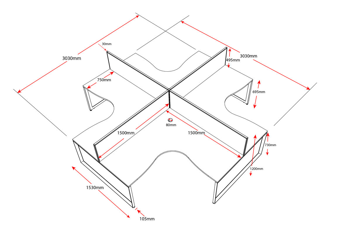 RL Infinity Loop 4 People Corner Workstation with SHUSH30 Screen
