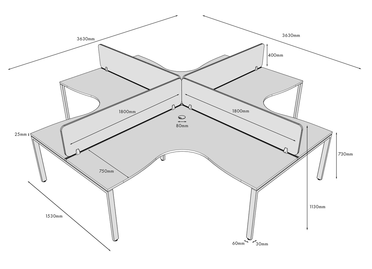 RL Infinity Profile Leg 4 People Corner Workstation with Screen