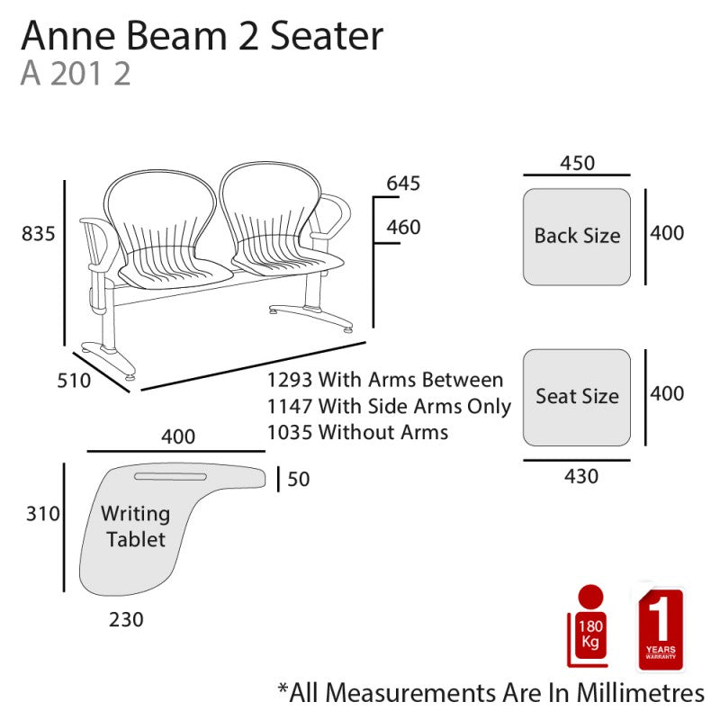 MA Anne Polypropylene Seat and Back Metal Frame Beam Seating