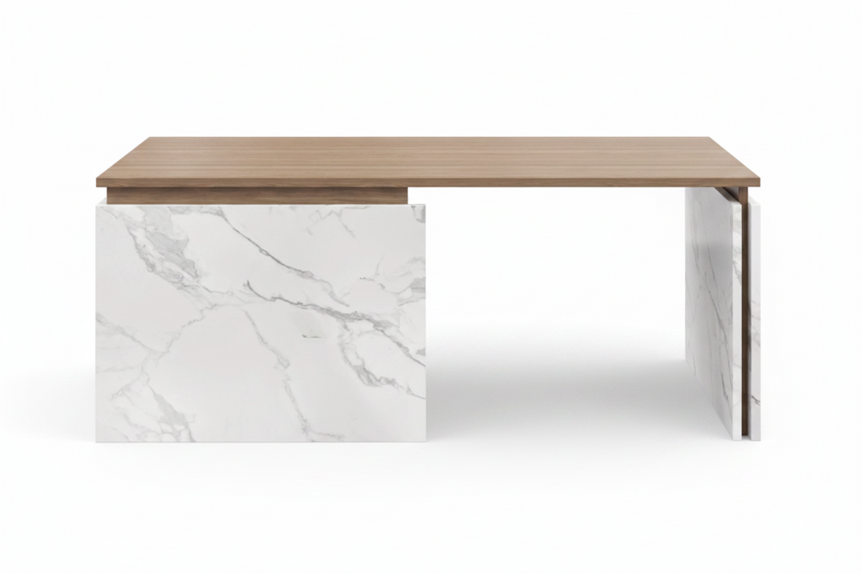 Modern desk with wooden top and marble-patterned side panels on a white background