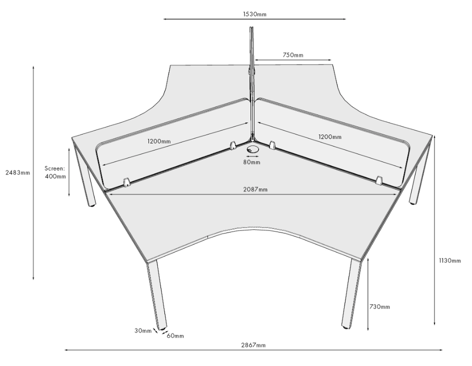 RL Infinity 120 Degree Profile Leg 3 User Workstation with Eco Panel Screen
