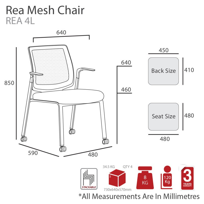 MA Rea Mesh Back Stackable Chair with 4 Castors