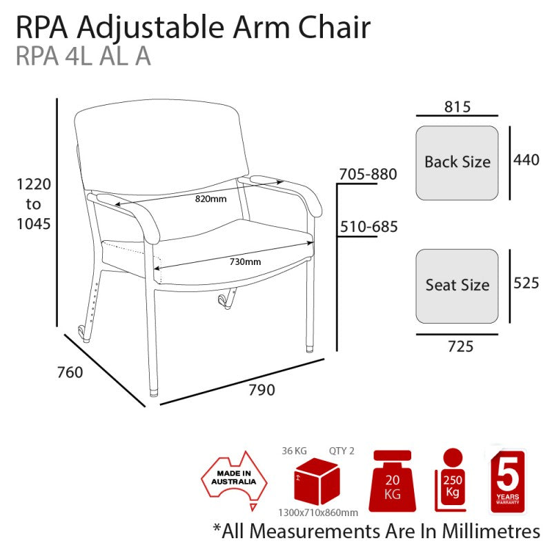 MA RPA 250 KG Weight Capacity Height Adjustable Arm Chair