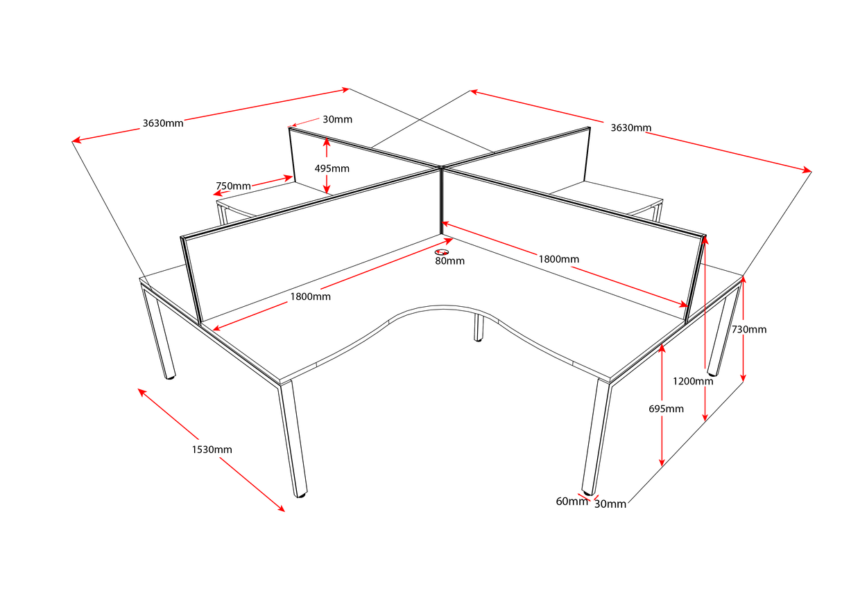 RL Infinity Profile Leg 4 People Corner Workstation with Screen